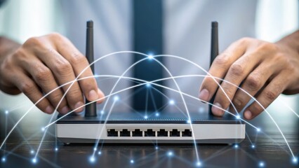 A person adjusts a wireless router with antennas, surrounded by digital connectivity lines, symbolizing technology and network communication.