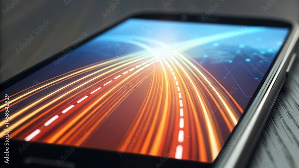 Poster a close-up of a smartphone displaying vibrant light trails, suggesting speed and technology in a mod