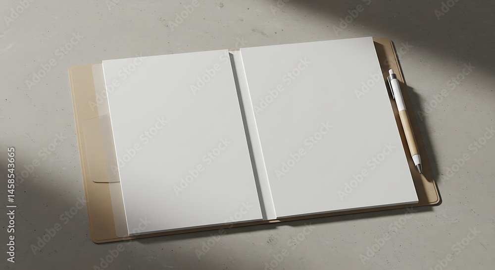 Poster open notebook with blank pages and a pen, illuminated by a gentle light