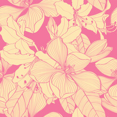 Garden exotic line flowers illustration. Magnolia, rhododendron spring flowers drawings. Line art seamless pattern.