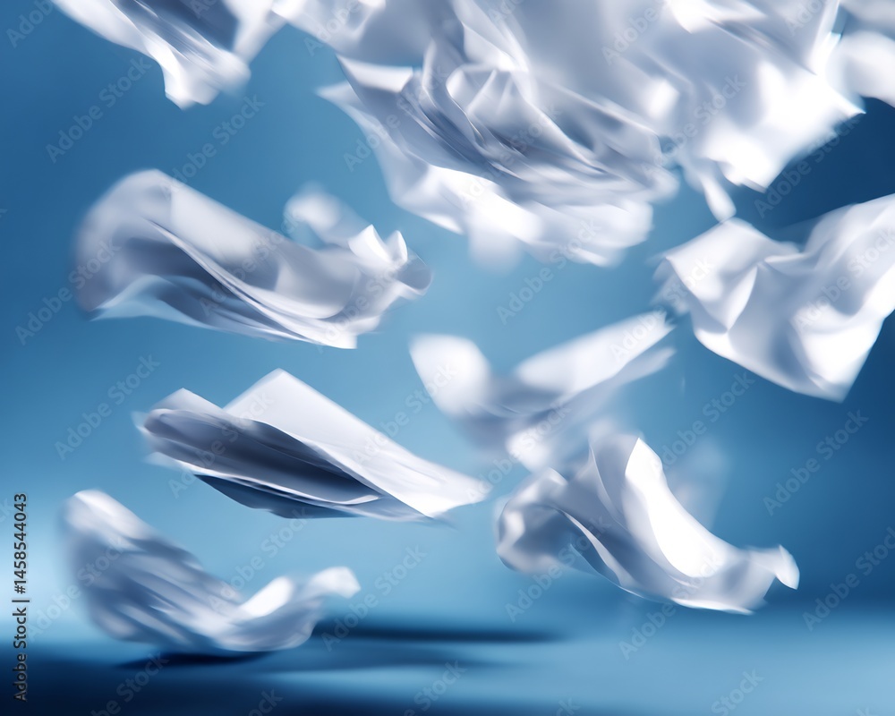 Poster abstract dynamic composition: white sheets floating on serene blue background
