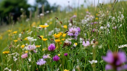 Obraz premium Vibrant meadow teeming with bees, a symphony of wildflowers and buzzing life