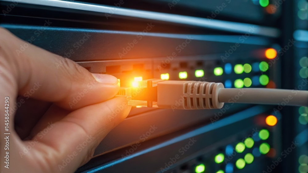 Poster a hand connects an ethernet cable to a server, illuminating a port with a glowing indicator, showcas