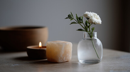 Minimal altar setup featuring a flower, salt lamp, and mantra