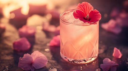 Elegant Hibiscus Cocktail with Flower Petals, a Refreshing Tropical Drink