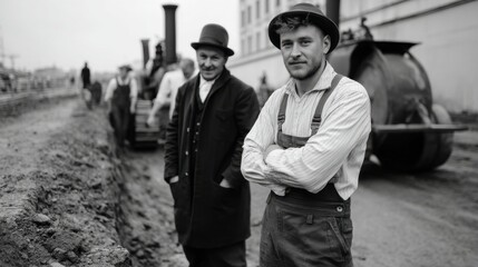 Historic construction workers and engineers on site during early 20th century industrial project
