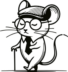 Fototapeta premium Dapper Cartoon Mouse with Glasses, Tie, and Walking Cane, Black and White Illustration 