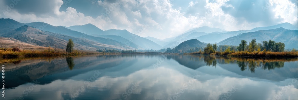 Poster tranquil lake reflects majestic mountains and serene sky, creating a meditative atmosphere for refle