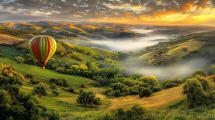 Fototapeta premium Sunrise hot air balloon over rolling hills. Misty valley below