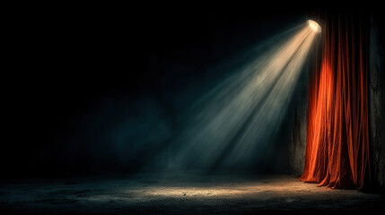Dramatic red curtain under spotlight, evoking theatrical intensity and anticipation