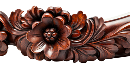 Ornate floral wood carving, brown polished surface, cut out transparent