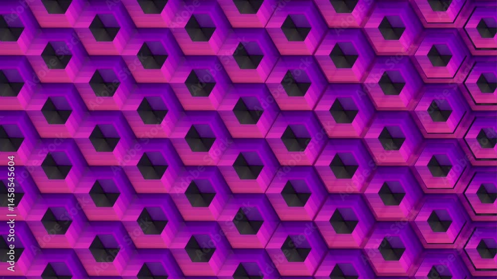 Fototapete Abstract loop animation of parametrically changing cubic modules. Spatial structure is dynamically transformed. Color scheme with violet and pink gradients. 3d rendering 4K