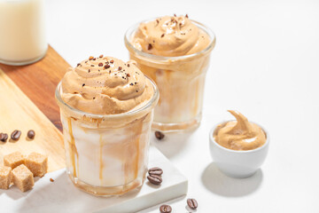 Dalgona coffee, Trend korean drink latte espresso with foam of instant coffee