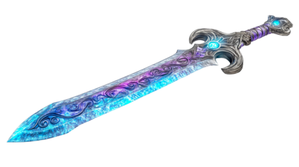 Ornate fantasy sword with glowing gems, cut out transparent