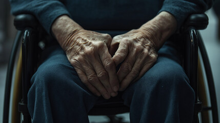 Obraz premium Close-up view of aged hands resting on lap in wheelchair at care facility during daytime
