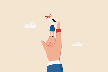 Finger string reminder, don't forget to remember, assistance or secretary to remind important event concept, businesswoman assistance tie red string on boss finger and use megaphone to remind him.