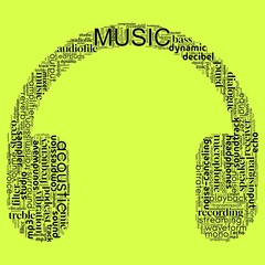 Word cloud in the shape of headphones, centered on 