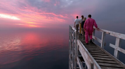 Fototapeta premium Group of People Walking on a Dock Over a Calm Body of Water at Sunset or Sunrise