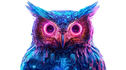 Neon Owl Circuitry Cyberpunk Futuristic Creature, cut out transparent