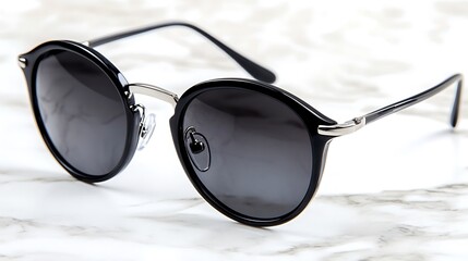 Elevated close up of stylish black frame sunglasses on a marble surface