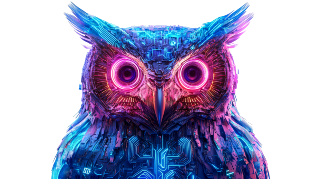 Neon Owl Circuitry Cyberpunk Futuristic Creature, cut out transparent - Powered by Adobe