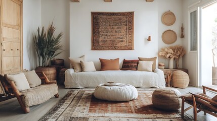 Bohemian Living Room Interior Design with Neutral Tones and Natural Textures