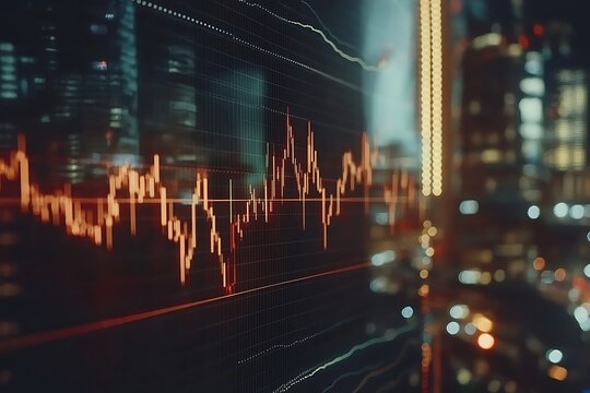 Night cityscape backdrop with dynamic stock market graph overlay, showing fluctuating data trends