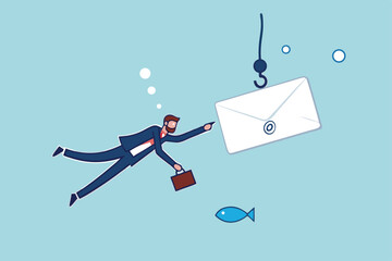 Phishing email, fraud or scam mail offer fake login or password form to steal personal information, online crime concept, greedy businessman diving underwater to catch email envelope with fishing hook