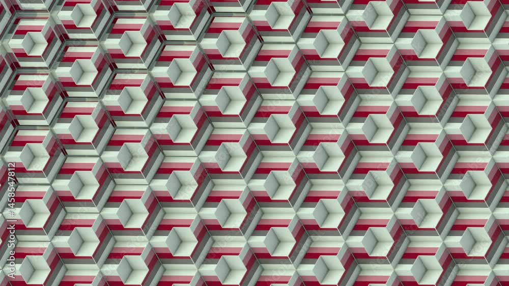 Poster Geometric loop animation of transforming cubic elements forming a complex pattern. Minimalist style with clean edges. Vibrant combination of trendy colors. 3d rendering 4K