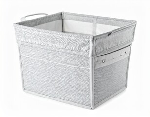 A gray, rectangular storage bin with a textured exterior, a white interior, and a handle for easy portability