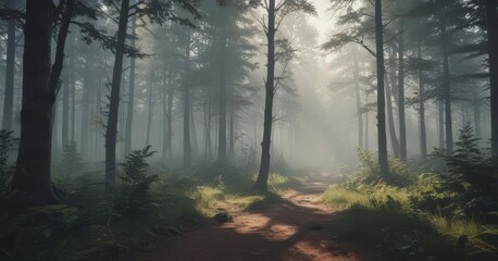 Obraz premium Retro-styled misty forest scene, soft light and shadow, scenic, woodland, forest