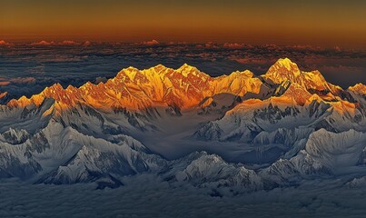 Majestic mountain range bathed in golden sunrise.  High-altitude view of snow-capped peaks, dramatic light and cloud formations