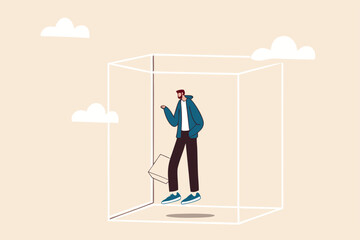 Set privacy zone, personal barrier to focus or work boundary, space to be with yourself concept, introvert businessman drawing box to cover privacy zone or boundary to protect from distraction.