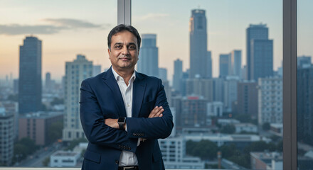 Fototapeta premium Businessman smiling confidently against a city skyline 