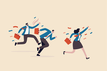 Woman success story, female leadership or business victory, gender equality, feminism power to win competition concept, confident businesswoman reach finishing line win competition over men colleague.