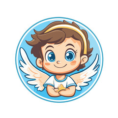 Cartoon Angel Boy With Wings And A Star Inside Blue Circle