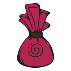 Chocolate candy in a red label. Sweets. Simple vector illustration for sticker, icon, print. Design element isolated on white background