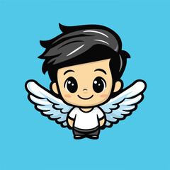 Cute Boy Angel Cartoon Character With Wings Vector Illustration On Blue Background
