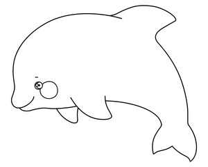 Cute Dolphin Vector Illustration. Sea theme kids character on isolated background. Children's cartoon design with animal. Linear design for coloring pages, educational children's books. 
