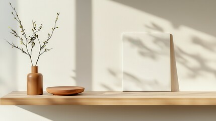 Minimalist wooden shelf with a vase, plate, and blank canvas casting soft shadows.