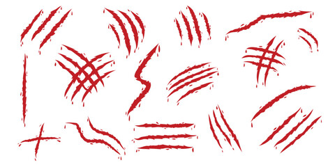 Collection of vector bloody claw scratch marks in various shapes. Red wounds with dripping blood. Horror themed design. Isolated on white.