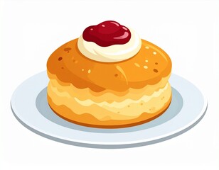 A delicious, golden pastry sits on a white plate, topped with whipped cream and a dollop of red fruit preserve