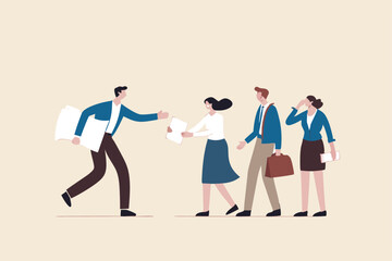 Work delegation, manager distribute work assignment to team member colleagues, assign tasks, job or project to staff responsibility concept, businessman manager delegate project assignment to team.