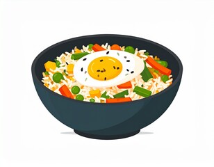 A vibrant bowl of fried rice, packed with colorful veggies, topped with a fried egg and sprinkled with black sesame seeds