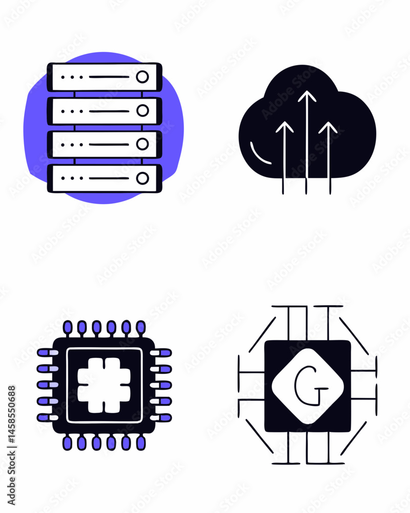 Aufkleber ai cloud computing vector icons servers, cloud upload, microchip, and processor