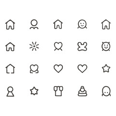 grid of various simple outline icons, including houses, people figures, hearts, stars, a sun, and other abstract shapes.
