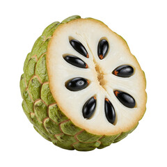 Custard apple on transparent background with its smooth green skin and creamy, white flesh visible....