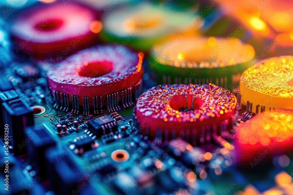 Poster close-up of colorful circuit board components, showcasing intricate details and vibrant lighting.