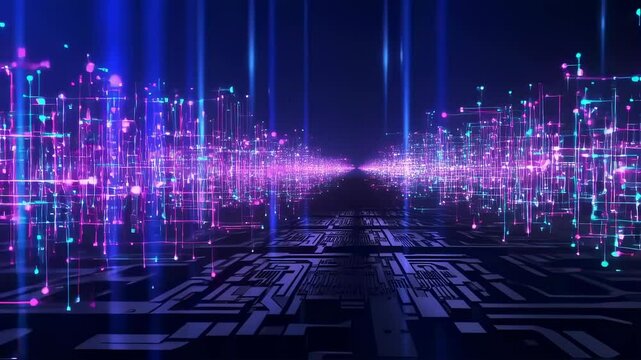 Immerse yourself in a mesmerizing world as colorful lights pulse and dance through a digital landscape, showcasing intricate patterns. This stunning visual experience captivates the imagination.