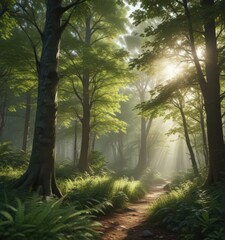 Fototapeta premium Dense forest with sunlight dappling through leaves, landscape, bark, forest